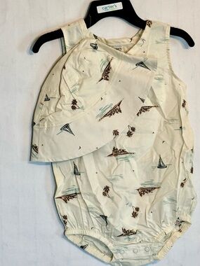 Carter's Cream Nautical Print Baby Romper with Matching Sun Hat